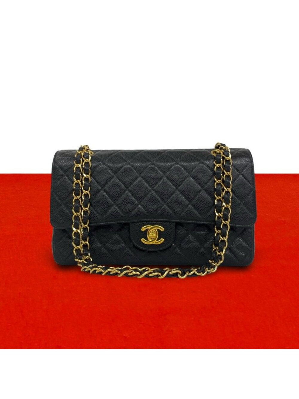 Chanel Quilted CC Logo Caviar Leather 2-Way Shoulder Bag Pochette Black